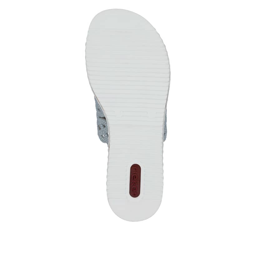Blaue Rieker Damen Pantoletten V3693-10 mit Strasssteinen sowie leichter Sohle. Schuh Laufsohle.