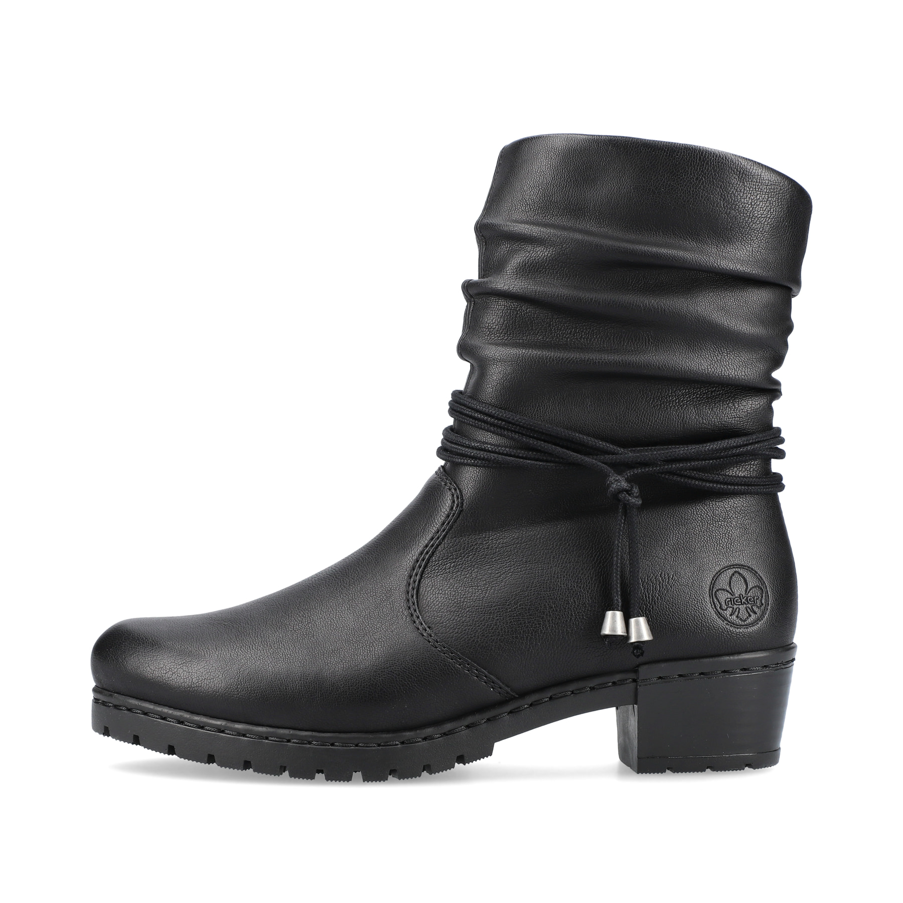 Tiefschwarze Rieker Damen Stiefeletten Y17R2-00 mit Reißverschluss sowie Blockabsatz. Schuh Außenseite