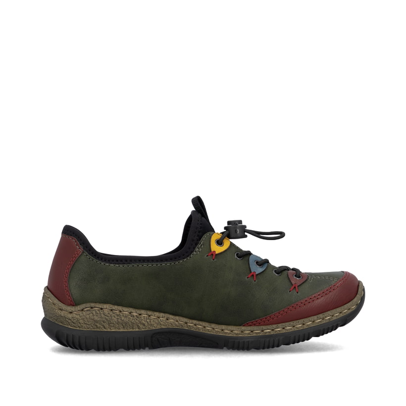 Dunkelgrüne Rieker Damen Slipper N3271-54 mit farbenfrohen Details. Schuh Innenseite.