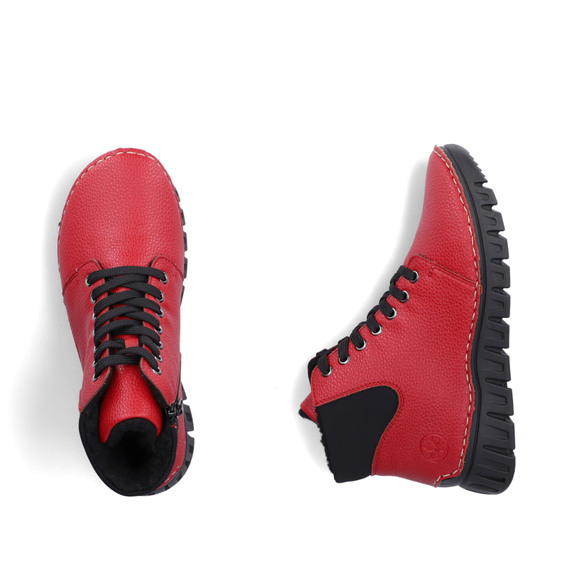 Rot-schwarze Rieker Damen Schnürstiefel 57511-33 mit einem Reißverschluss. Schuh von oben, liegend.