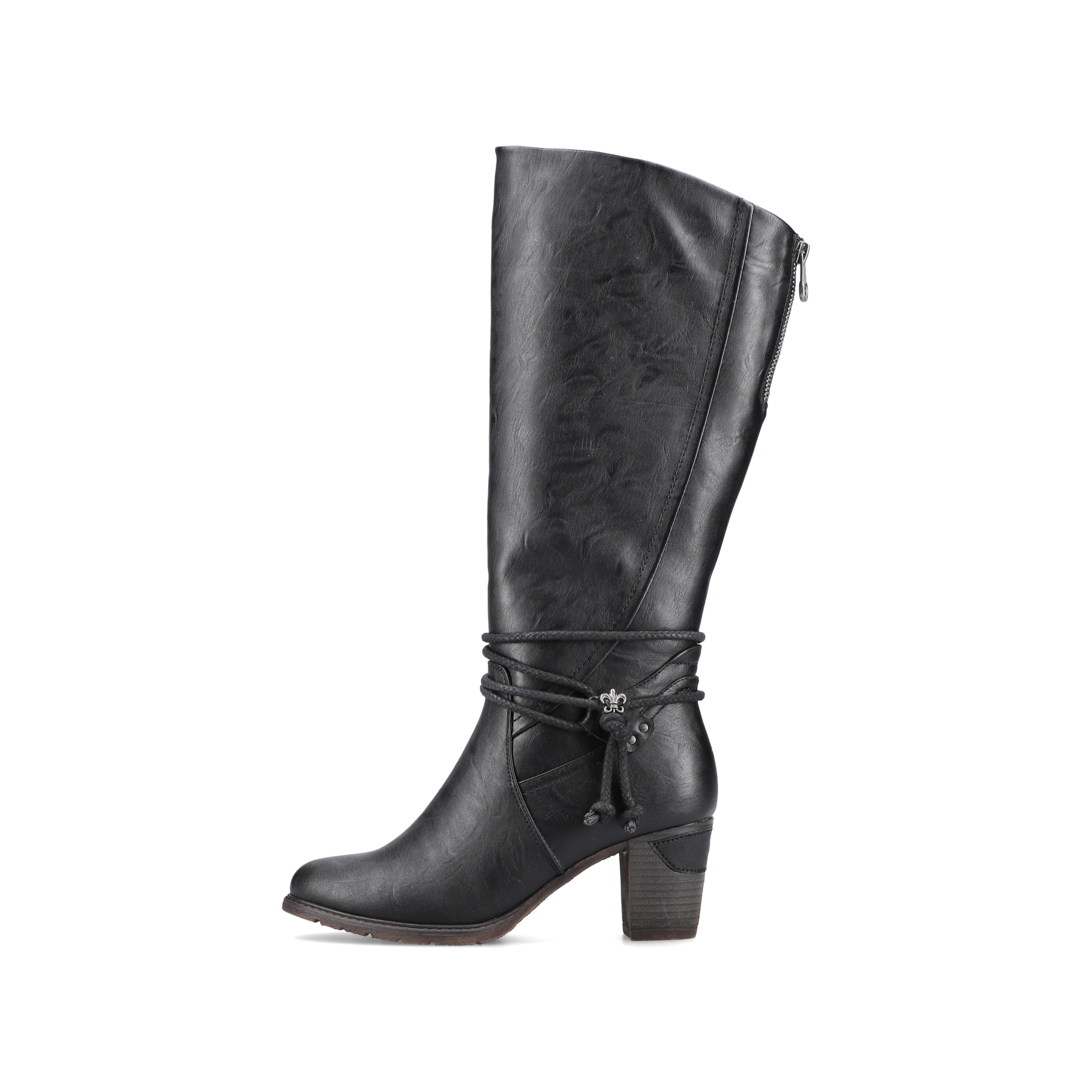 Tiefschwarze Rieker Damen Hochschaftstiefel 96059-00 mit einer robusten Profilsohle. Schuh Außenseite