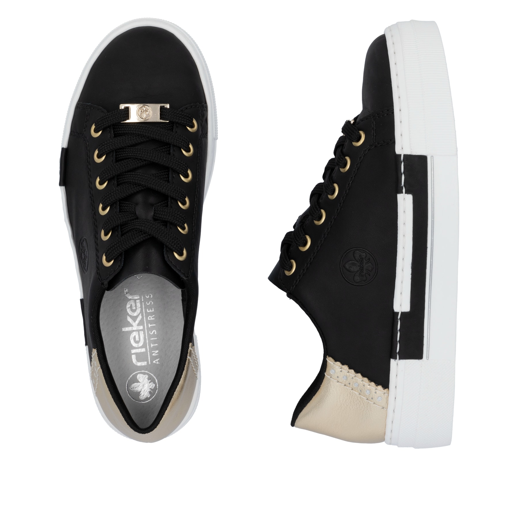 Schwarze Rieker Damen Sneaker Low N4931-00 mit einer Schnürung. Schuh von oben, liegend.