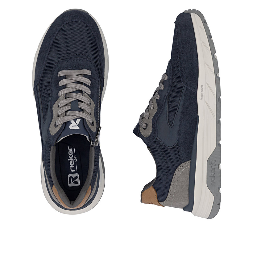 Blaugraue Rieker Herren Sneaker Low 06100-15 mit einem Reißverschluss. Schuh von oben, liegend.