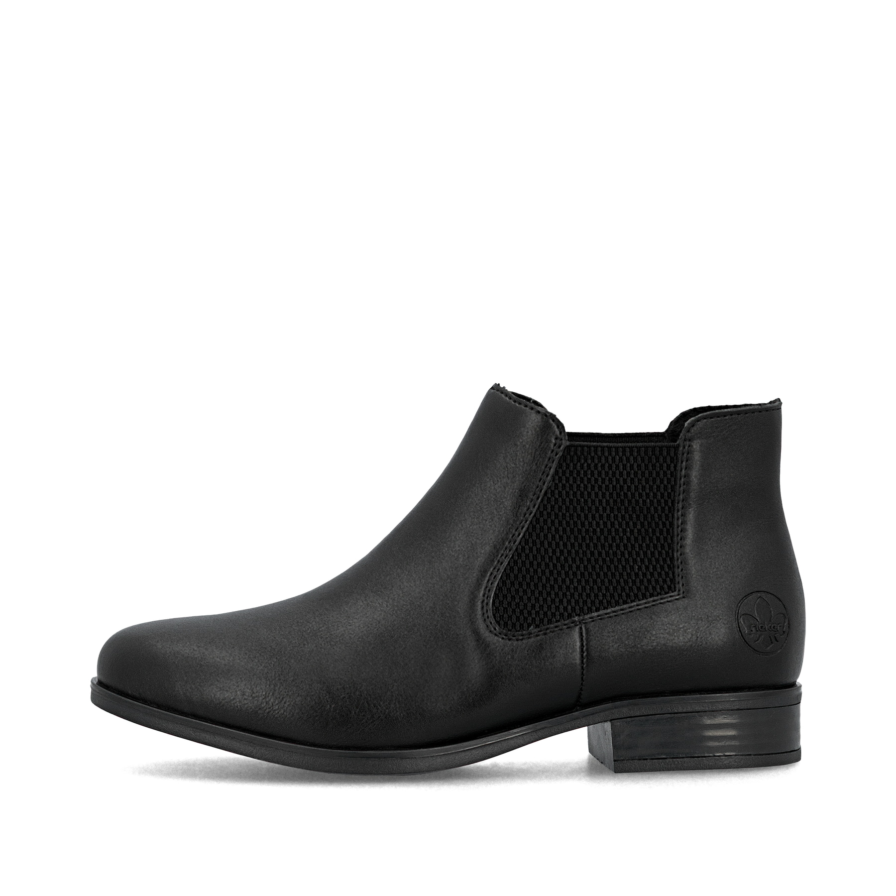 Schwarze Rieker Damen Chelsea Boots 77050-00 mit einem Gummizug. Schuh Außenseite.