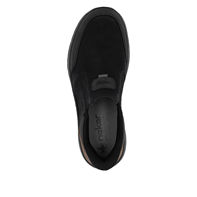 Mocassins Rieker noirs pour homme B9057-00 avec bande élastique. Semelle extérieure de la chaussure.