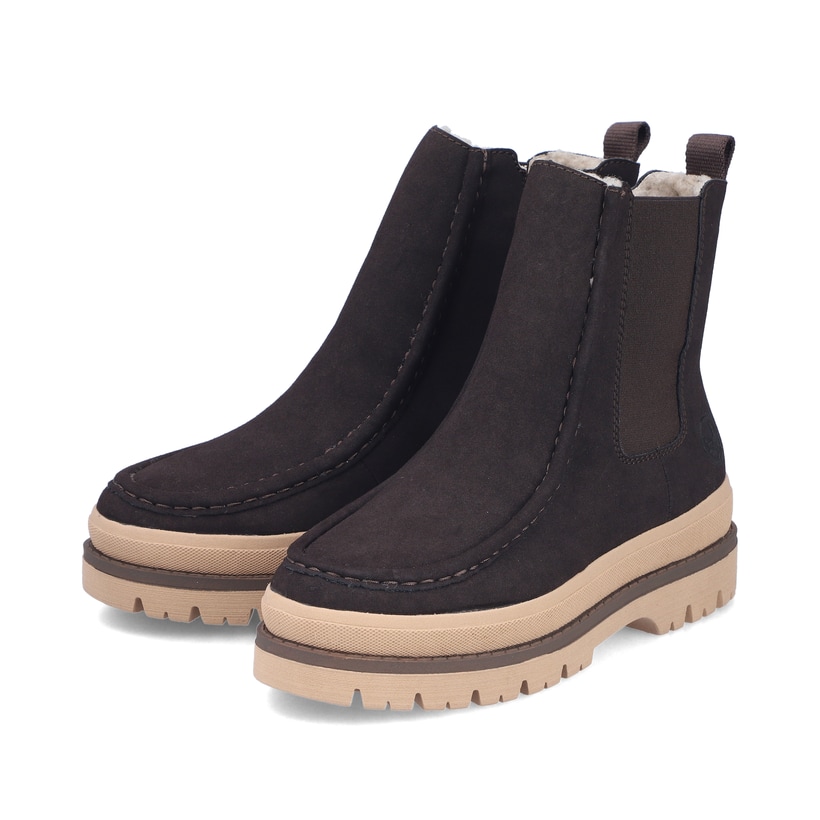 Dunkelbraun-beige Rieker Damen Chelsea Boots Y6272-25 mit einem Reißverschluss. Schuhpaar seitlich schräg.
