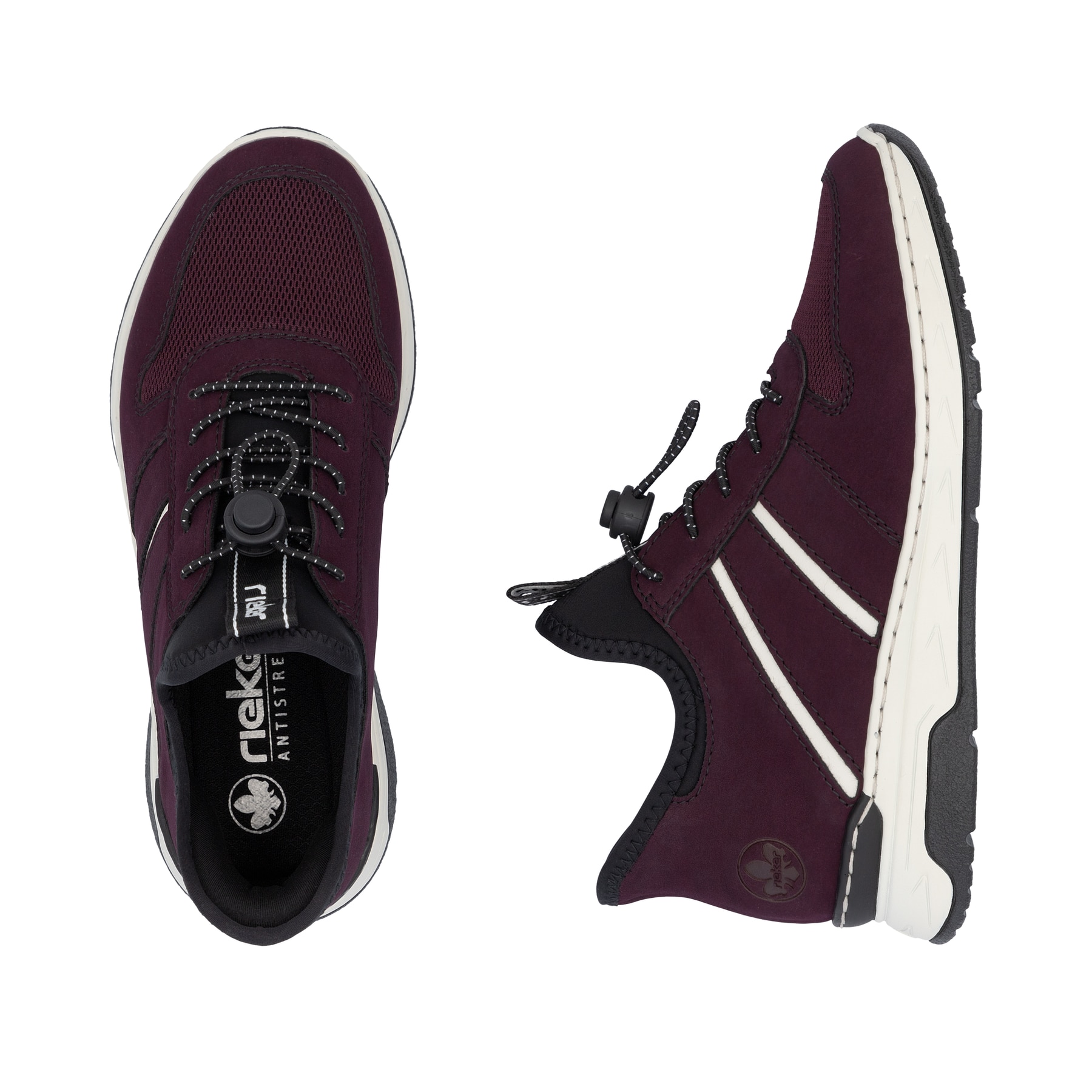 Dunkelrote Rieker Damen Slipper M0059-30 mit easy Hineinschlüpf-Möglichkeit. Schuh von oben, liegend.