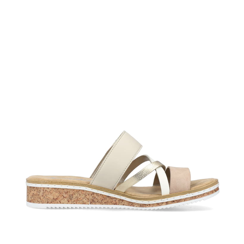 Beige Rieker Damen Pantoletten V3652-94 mit Klettverschluss sowie leichter Sohle. Schuh Innenseite.