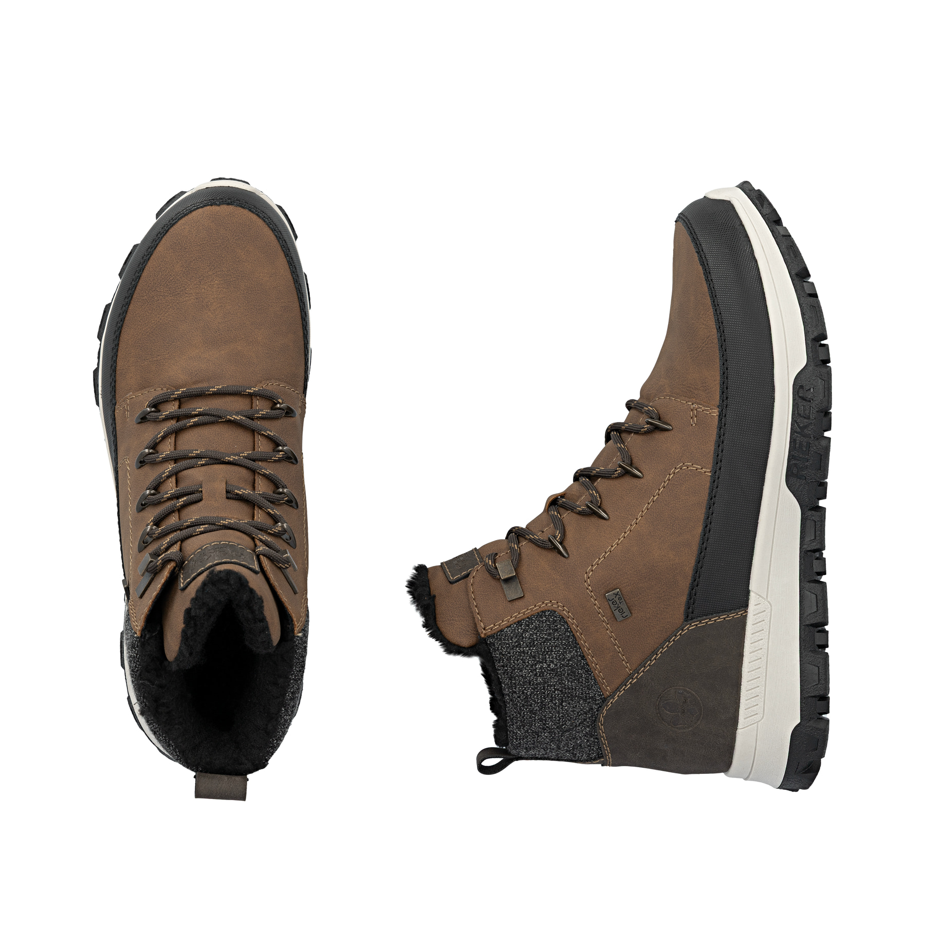 Braune Rieker Herren Schnürstiefel 35540-24 mit wasserabweisender TEX-Membran. Schuh von oben, liegend.