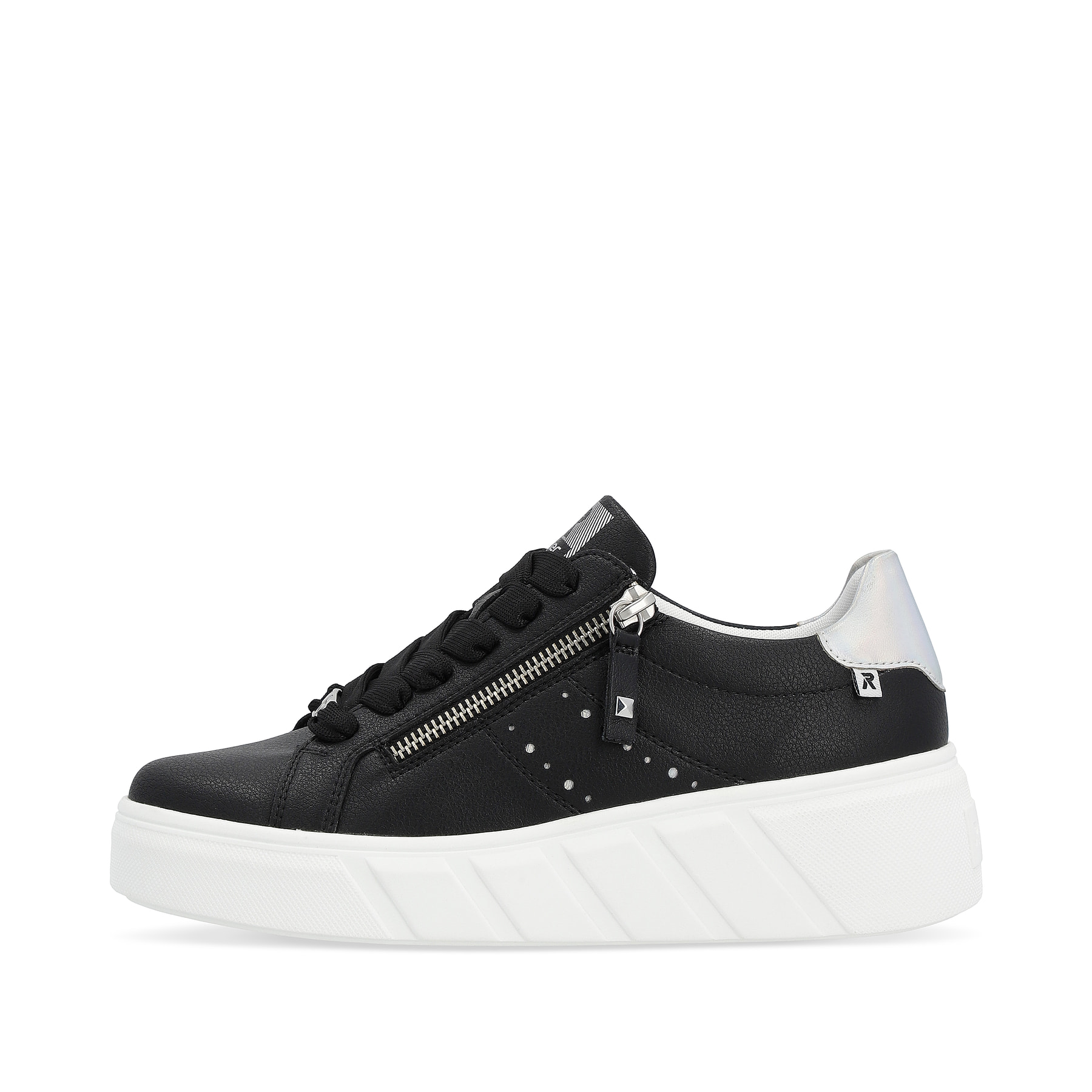 Schwarze Rieker Damen Sneaker Low W0505-00 mit einer dämpfenden Sohle. Schuh Außenseite.