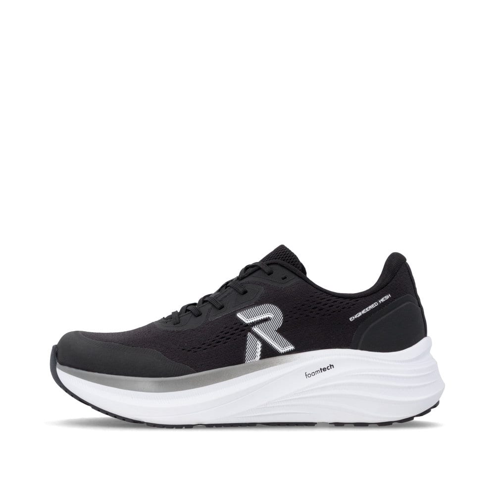 Schwarze Rieker Herren Sneaker Low U4102-00 mit Schnürung sowie abgesetztem Logo. Schuh Außenseite.