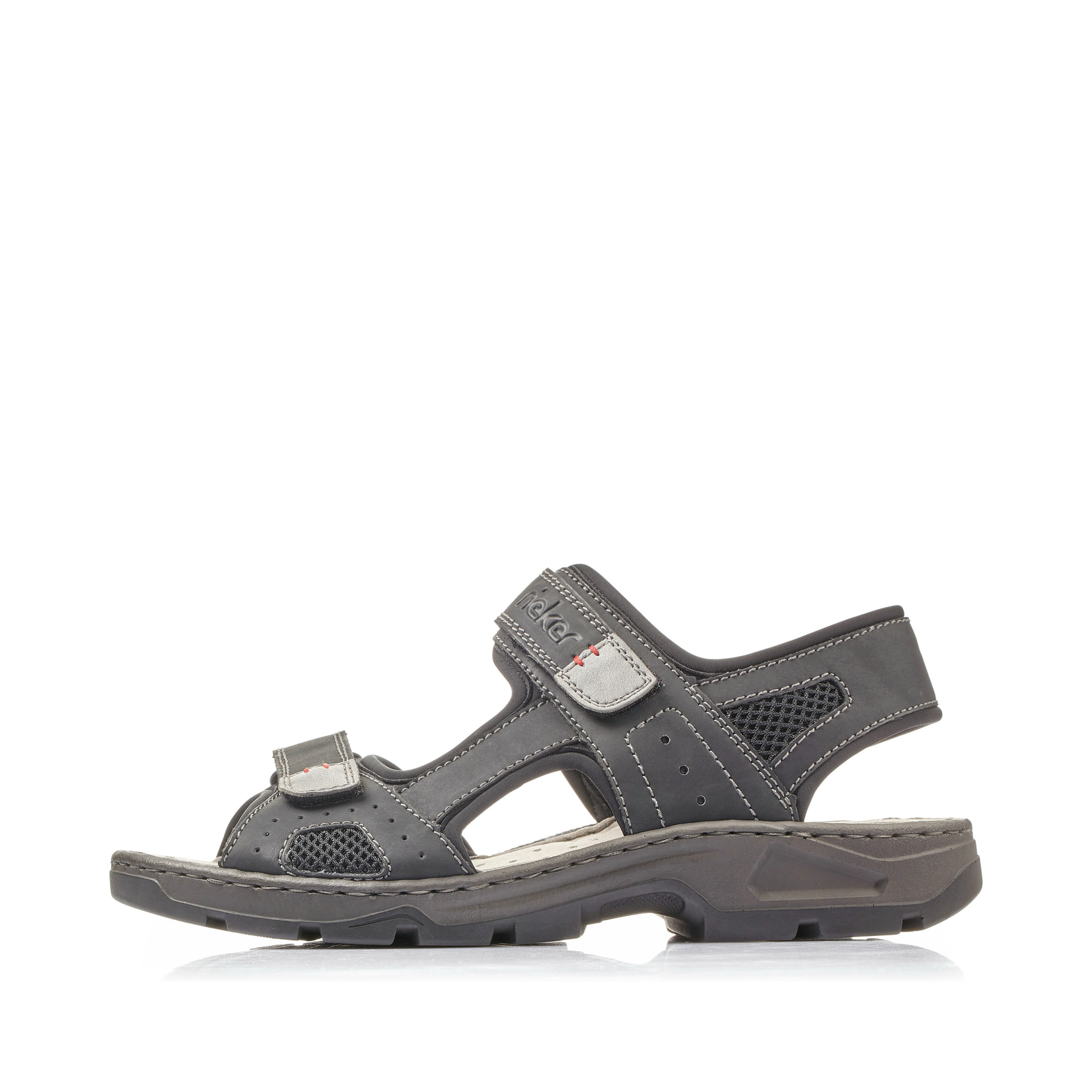 Schwarze Rieker Herren Trekkingsandalen 26156-02 mit einem Klettverschluss. Schuh Außenseite.