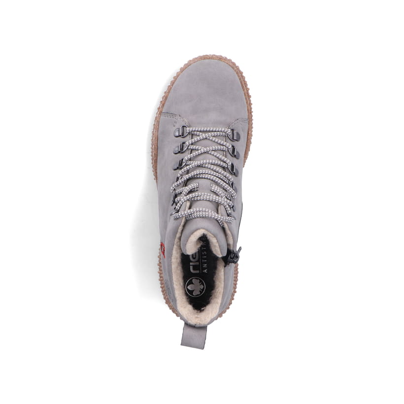 Hellgraue Rieker Damen Schnürstiefel Y8414-42 mit einem Reißverschluss. Schuh Laufsohle.