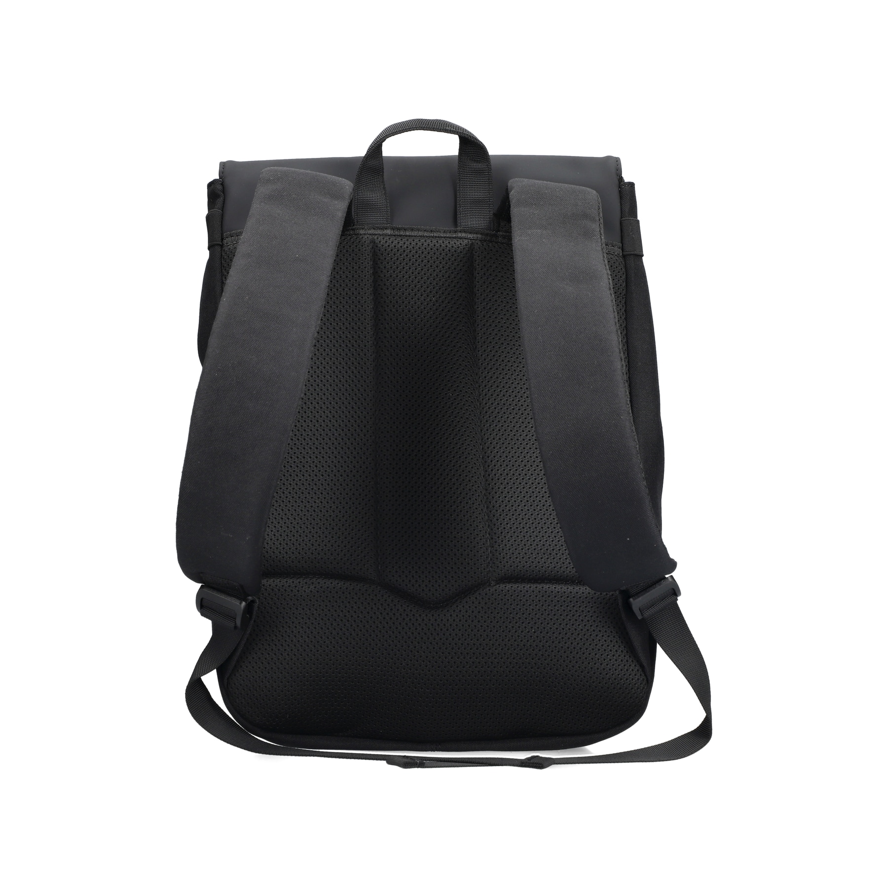 Rieker Rucksack H5100-00 in Schwarz mit Klettverschluss und gepolstertem Laptopfach. Rückseite.