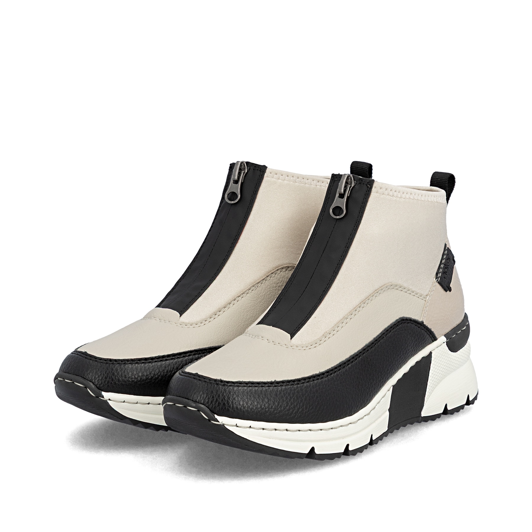 Creme-beige Rieker Damen Sneaker High N6352-60 mit einem Reißverschluss. Schuhpaar seitlich schräg.