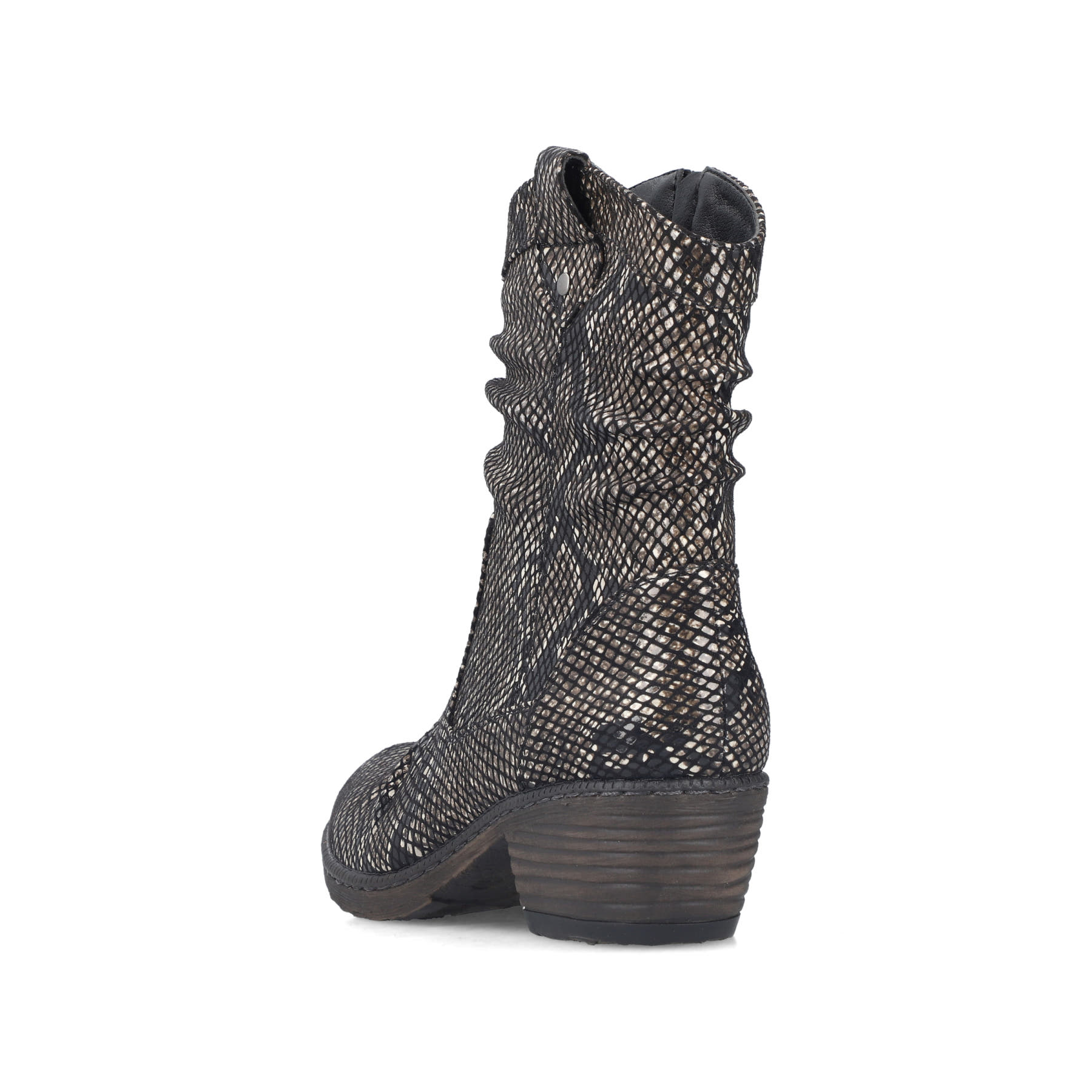 Schwarz-braune Rieker Damen Kurzstiefel 93770-27 mit einem Reißverschluss. Schuh von hinten.