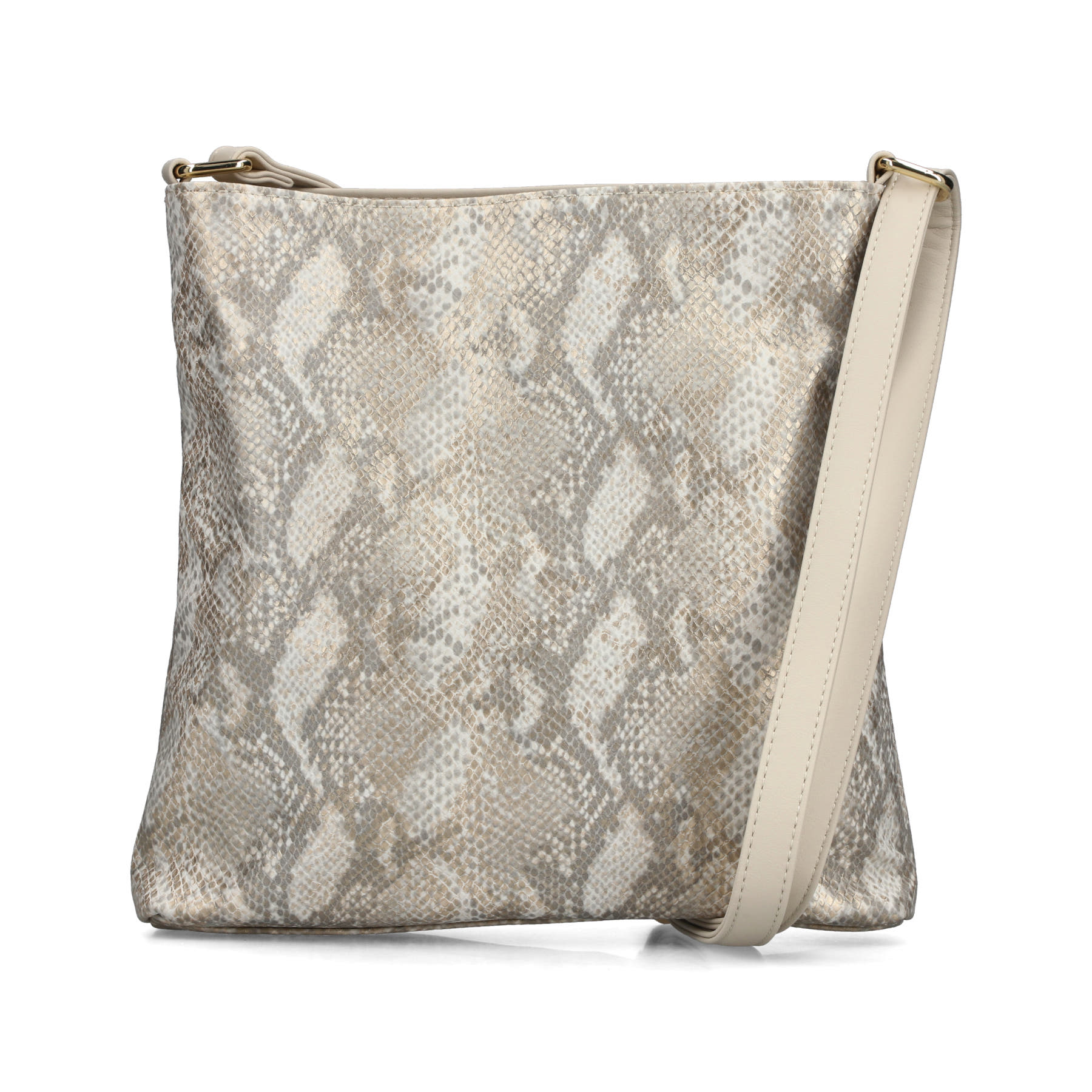 Sac à bandoulière Rieker H1032-90 doré avec motif serpent et fermeture éclair. Côté gauche.