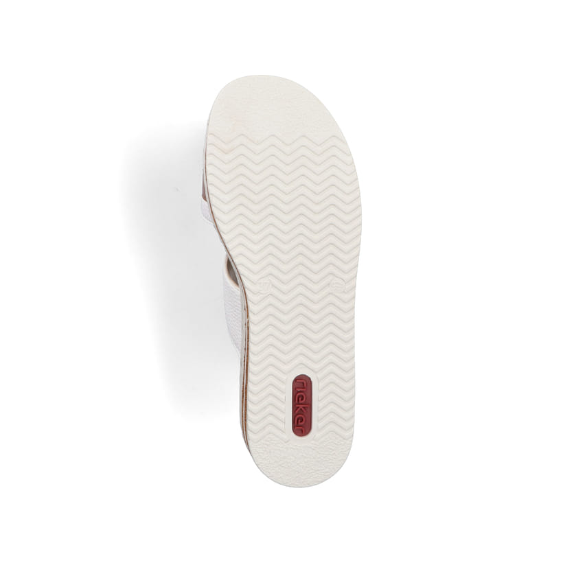 Weiße Rieker Damen Pantoletten 62993-80 mit trendigen Schnalle. Schuh Laufsohle.