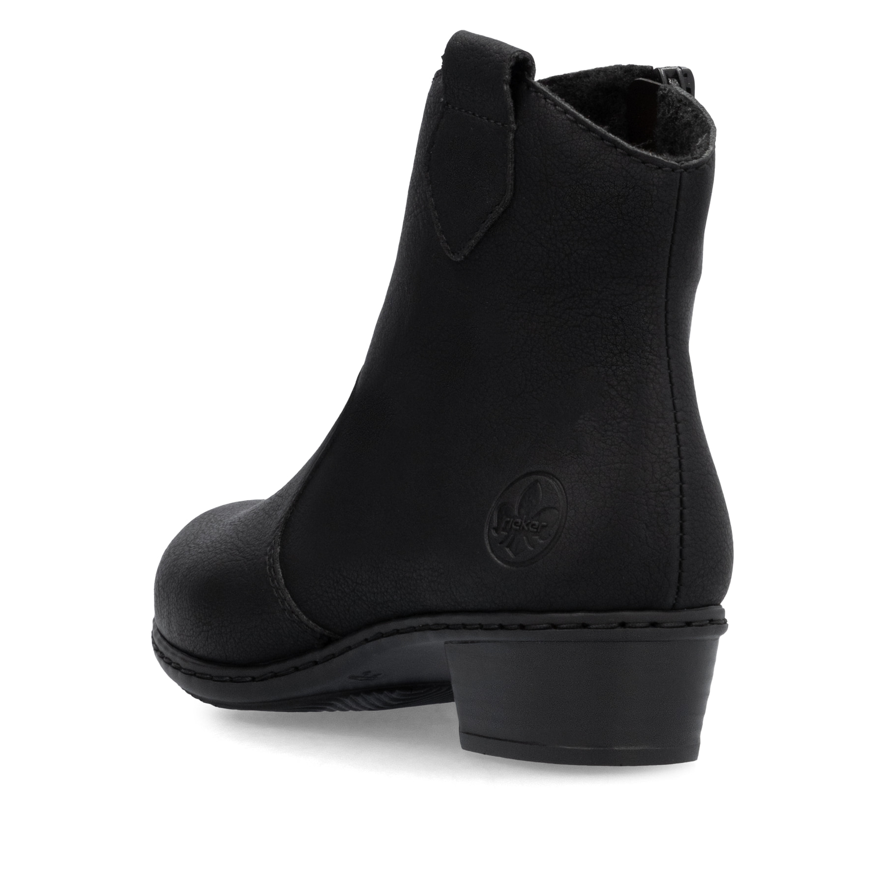 Nachtschwarze Rieker Damen Stiefeletten Y0762-00 mit einem Reißverschluss. Schuh von oben.