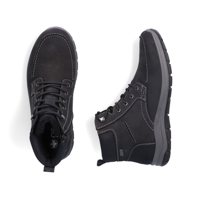 Schwarze Rieker Herren Schnürstiefel 03610-00 mit wasserabweisender TEX-Membran. Schuh von oben, liegend.