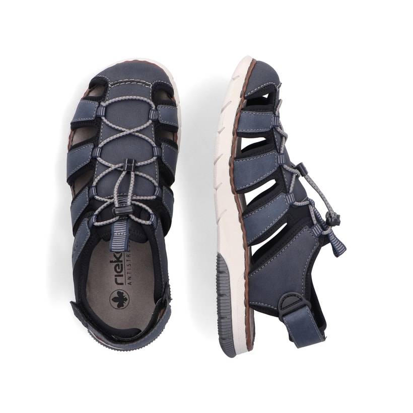 Stahlblaue Rieker Herren Trekkingsandalen 25246-14 mit einem Klettverschluss. Schuh von oben, liegend.