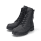 
Tiefschwarze Rieker Damen Biker Boots Y2441-00 mit Schnürung und Reißverschluss. Schuhpaar schräg.