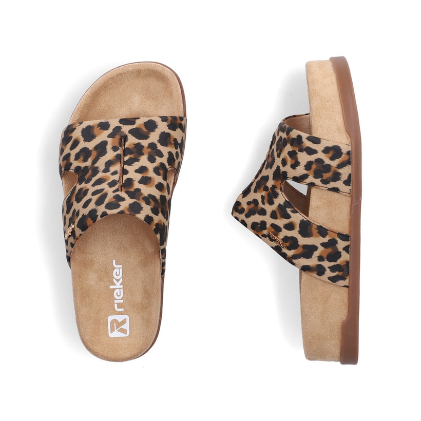 Braune Rieker Damen Pantoletten V4088-60 mit angesagtem Animal-Print. Schuh von oben, liegend.