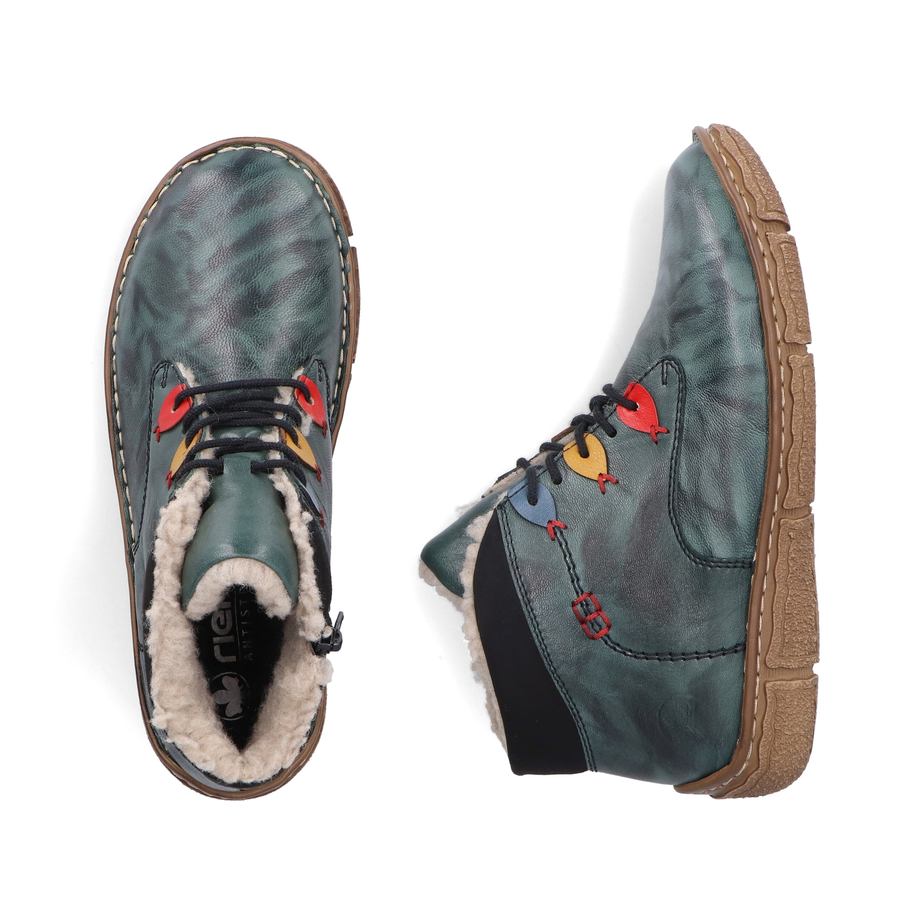 Grüne Rieker Damen Kurzstiefel Z3724-54 mit Reißverschluss sowie Komfortweite G. Schuh von oben, liegend.