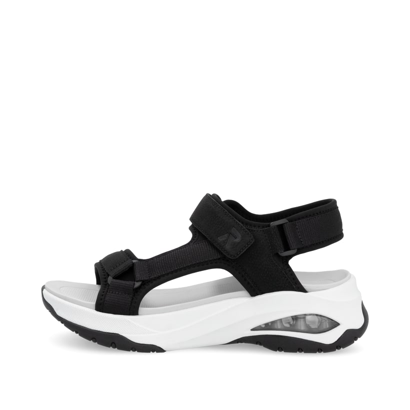 Schwarze vegane Rieker Damen Trekkingsandalen W3151-01 mit einem Klettverschluss. Schuh Außenseite.