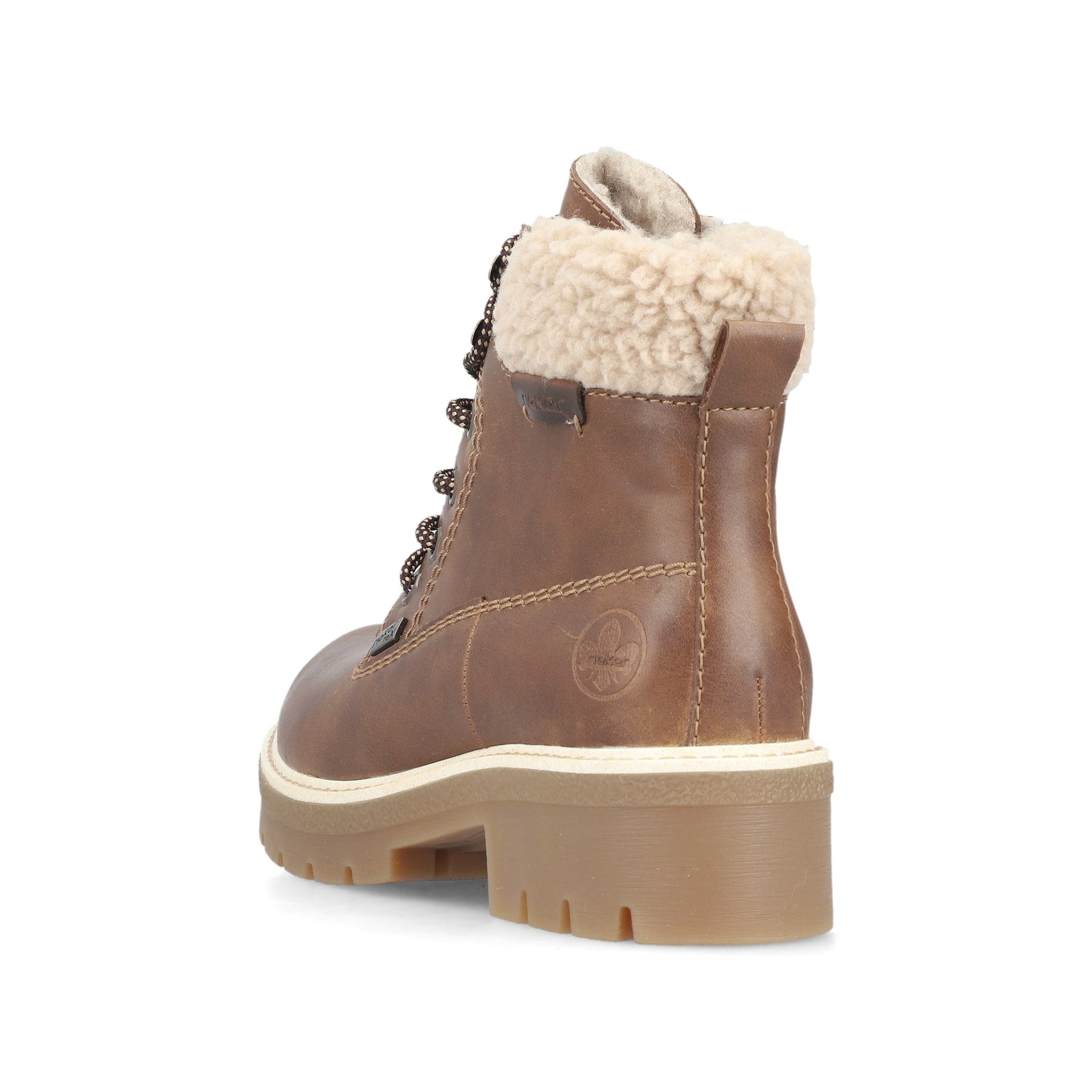 Braune Rieker Damen Schnürstiefel Y8118-22 mit wasserabweisender TEX-Membran. Schuh von hinten.