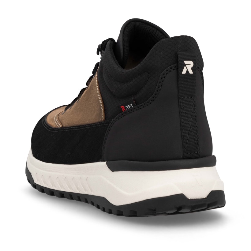 Braune Rieker Herren Schnürstiefel U0173-22 mit wasserabweisender TEX-Membran. Schuh von hinten.