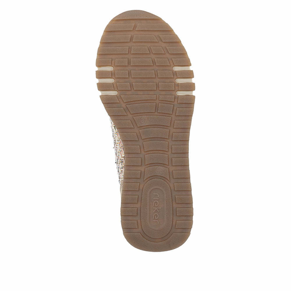 Baskets basses Rieker beiges pour femme 49010-62 en cuir velours. Semelle extérieure de la chaussure.
