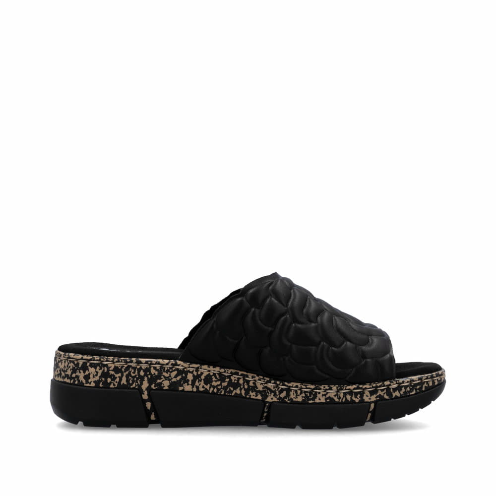 Schwarze Rieker Damen Pantoletten V2351-00 mit floralem Muster. Schuh Innenseite.