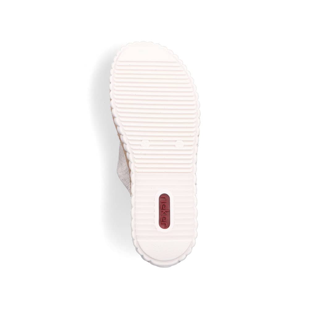 Beige Rieker Damen Pantoletten 69288-60 mit metallischem Finish. Schuh Laufsohle.