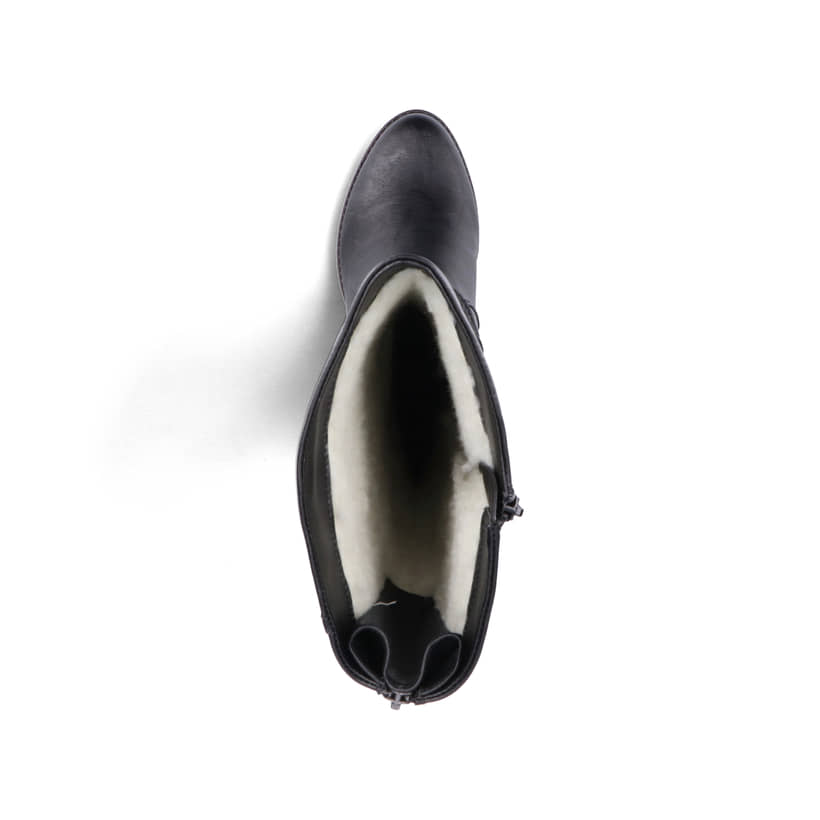 Tiefschwarze Rieker Damen Hochschaftstiefel 96059-00 mit einer robusten Profilsohle. Schuh Laufsohle