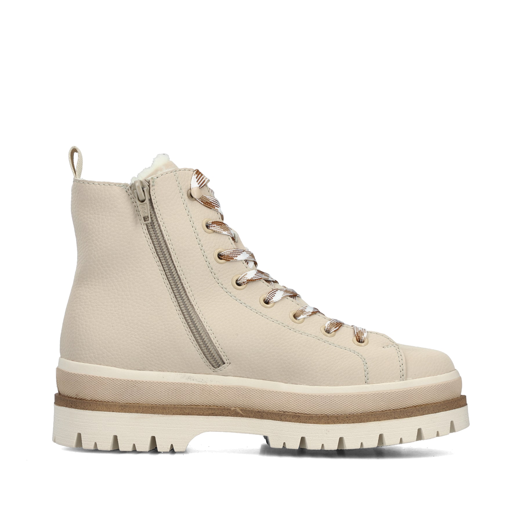 Hellbeige Rieker Damen Schnürstiefel Y6220-60 mit einem Reißverschluss. Schuh Innenseite.