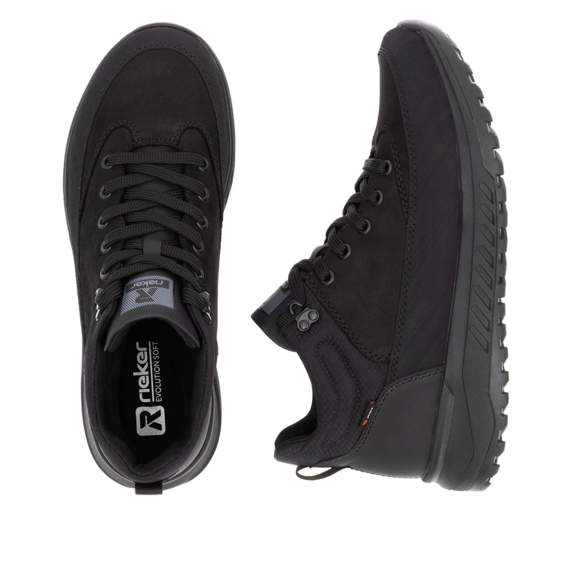 Schwarze Rieker Herren Schnürstiefel U0173-00 mit wasserabweisender TEX-Membran. Schuh von oben, liegend.