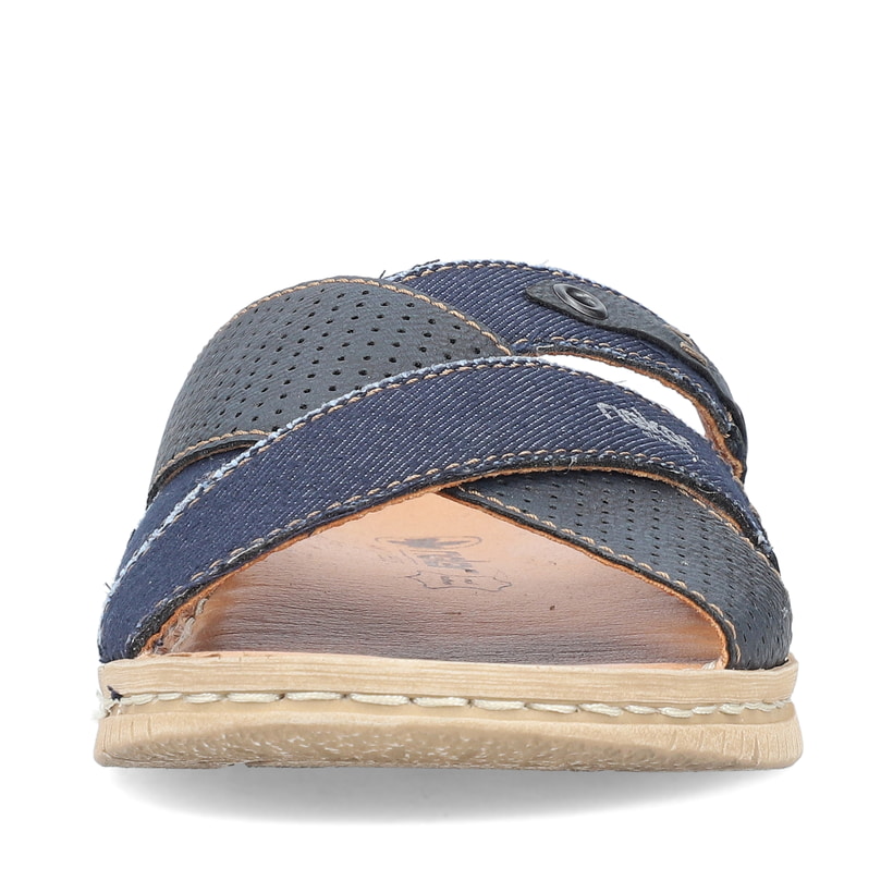 Blaue Rieker Herren Pantoletten 21384-14 mit der Komfortweite G. Schuh von vorne.