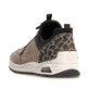 Braun-schwarze Rieker Damen Slipper 44551-24 mit Rieker Air Sohlenfenster. Schuh von hinten.