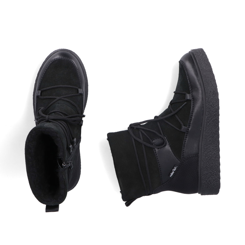 Schwarze Rieker Damen Kurzstiefel Y0051-00 aus Rauleder. Schuh von oben, liegend.