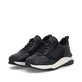 Schwarze Rieker Damen Sneaker Low W2504-00 mit einem Reißverschluss. Schuhpaar seitlich schräg.