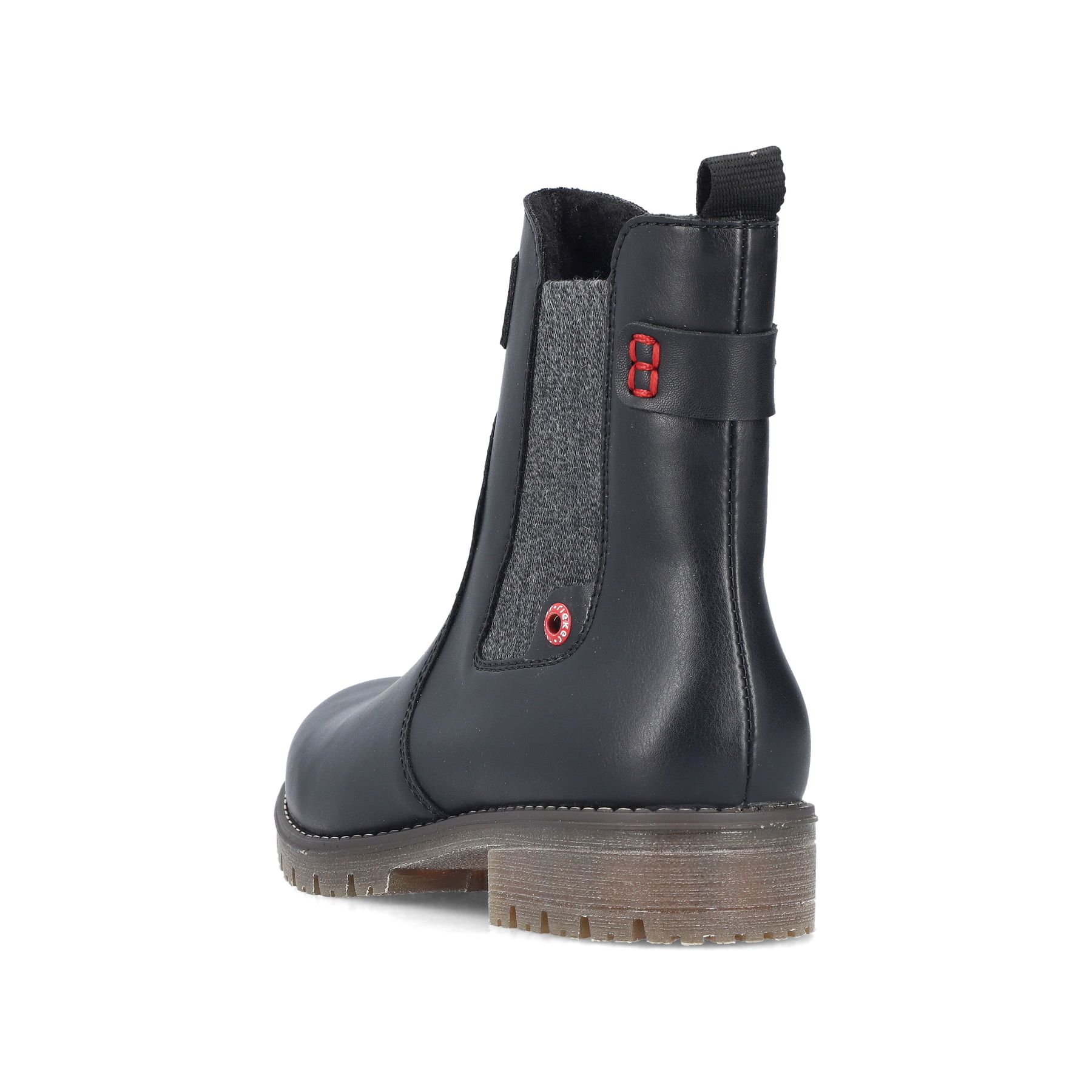 Schwarze Rieker Damen Chelsea Boots 79561-00 mit einem Reißverschluss. Schuh von hinten.
