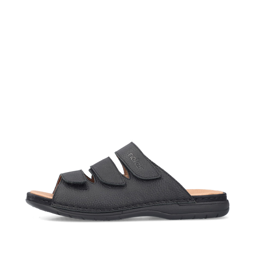 Schwarzgraue Rieker Herren Pantoletten 25569-00 mit einem Klettverschluss. Schuh Außenseite.