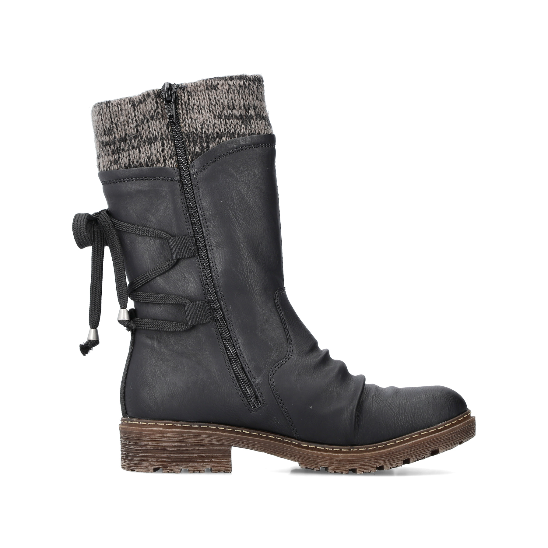 Tiefschwarze Rieker Damen Kurzstiefel Z4773-01 mit einer robusten Profilsohle. Schuh Innenseite