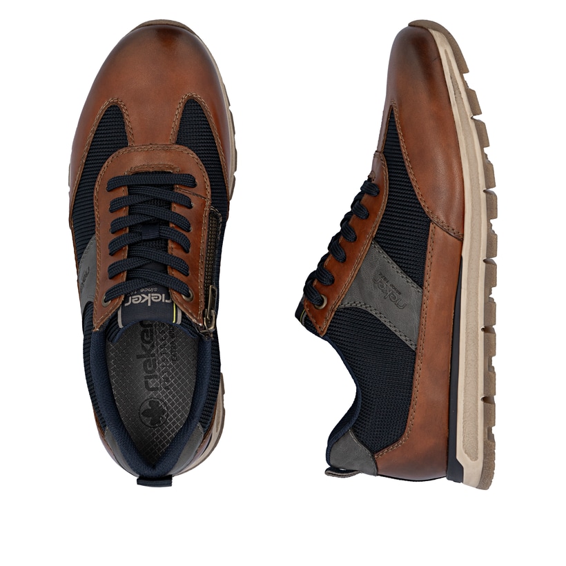 Braune Rieker Herren Sneaker Low B0507-24 aus Glattleder mit Reißverschluss. Schuh von oben, liegend.