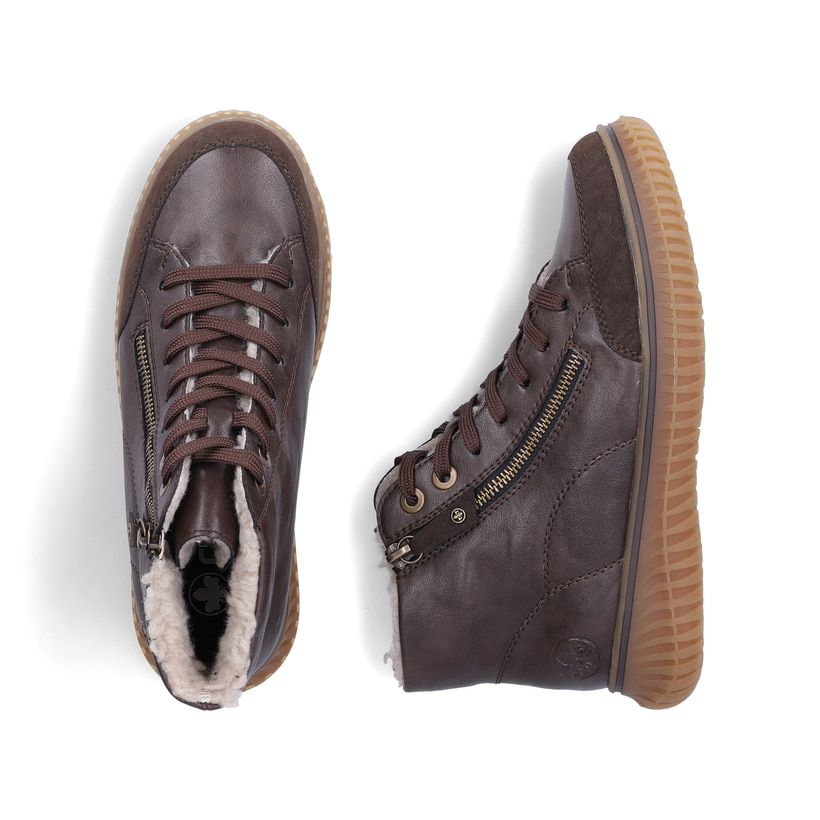 Dunkelbraune Rieker Damen Schnürstiefel 74234-25 mit modernen Ziernähten. Schuh von oben, liegend.