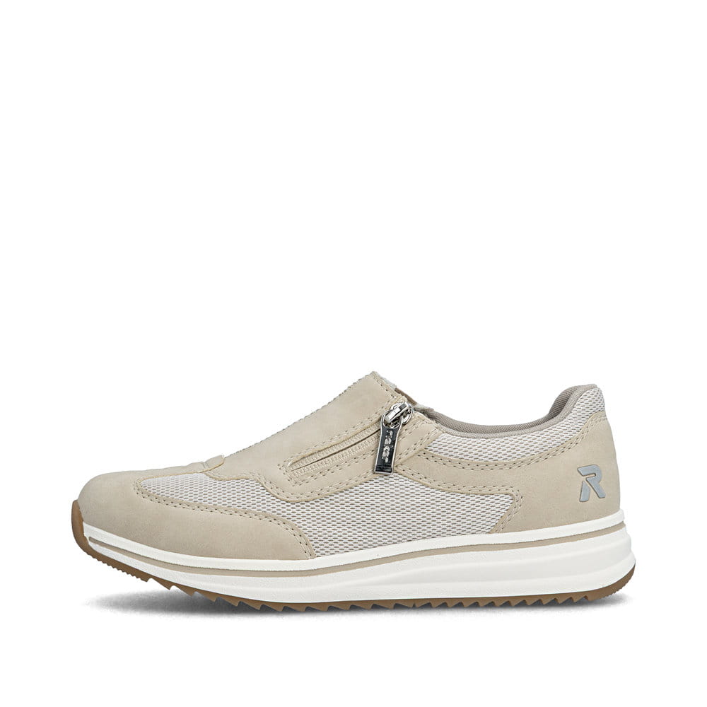 Beige Rieker Damen Sneaker Low L5854-62 mit Reißverschluss sowie Extraweite H. Schuh Außenseite.