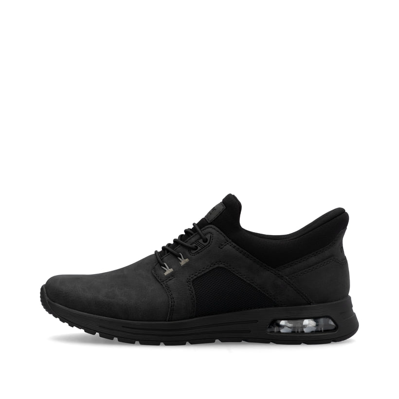 Schwarze Rieker Herren Slipper B1053-00 mit Rieker Air Sohlenfenster. Schuh Außenseite.