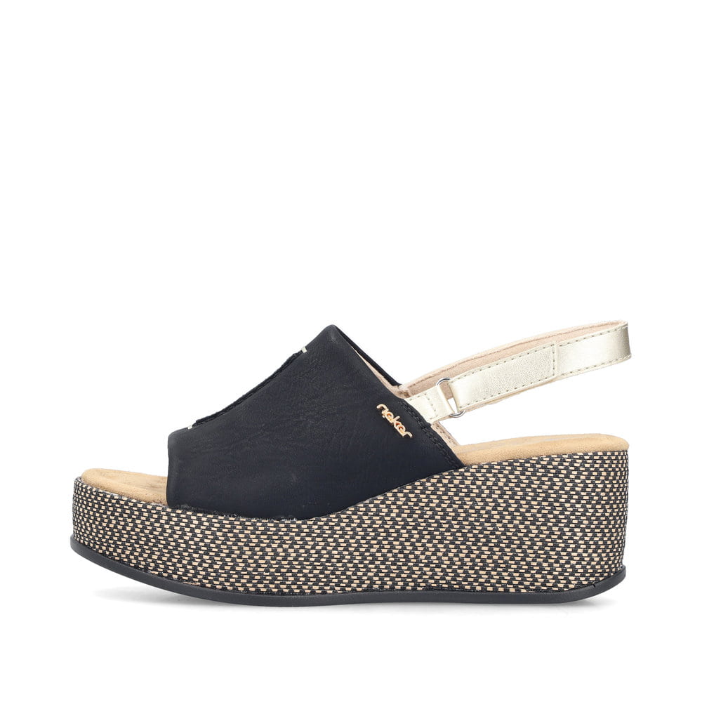 Schwarze Rieker Damen Sandalen 69460-00 mit moderner Spannnaht. Schuh Außenseite.