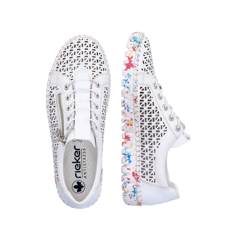 Weiße Rieker Damen Slipper M2357-80, Barfußschuhe mit einem Reißverschluss. Schuh von oben, liegend.